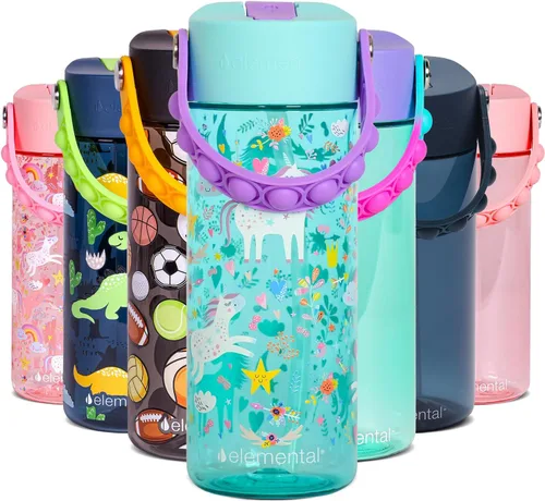 Vista 32 de Elemental Botellas de agua para niños – Botella de agua para niños Splash para la escuela con mango Pop-it – Botella de agua de plástico Tritan sin