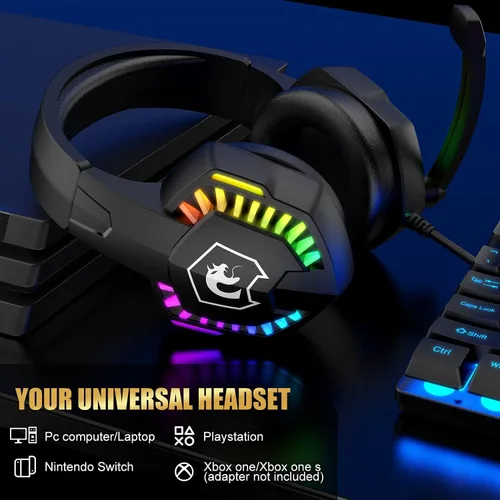 Vista 5 de Combo de teclado y mouse con cable para juegos, teclado con retroiluminación LED arcoíris, auriculares sobre la oreja con micrófono, mouse