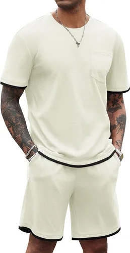 Vista 51 de COOFANDY Conjunto de camisa y pantalones cortos de gofre para hombre, conjunto de 2 piezas, conjunto casual de verano con bolsillos