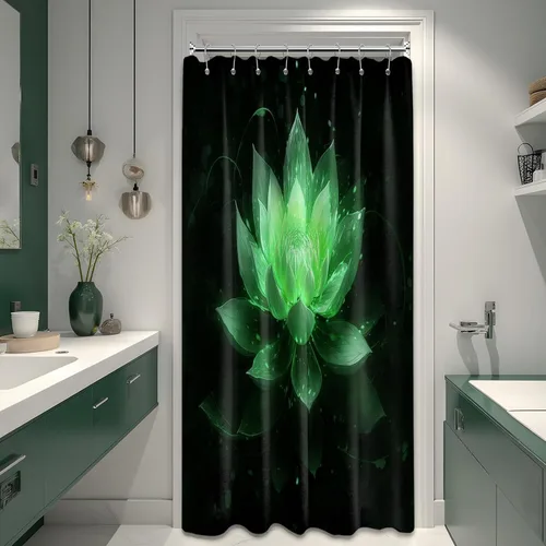 Vista 42 de Cortina de ducha con flores de loto negro y azul para decoración de baño, juego de cortinas decorativas de baño con estampado floral, tela
