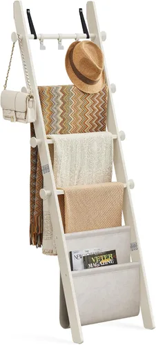 Vista 8 de VASAGLE - Escalera para manta, estante de escalera de madera de pino de 5 niveles con bolsa de piel sintética