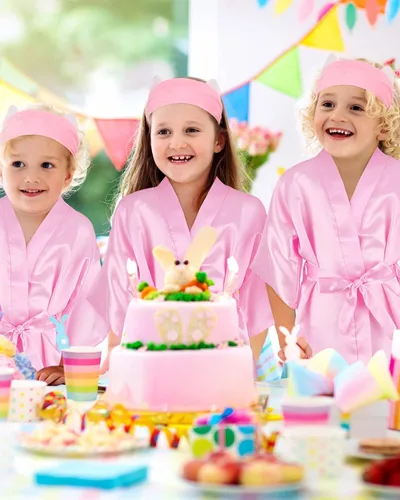 Vista 5 de Juego de 20 batas de fiesta para niños, pantuflas con venda para los ojos, suministros de fiesta de spa, batas de niña de flores, para bricolaje