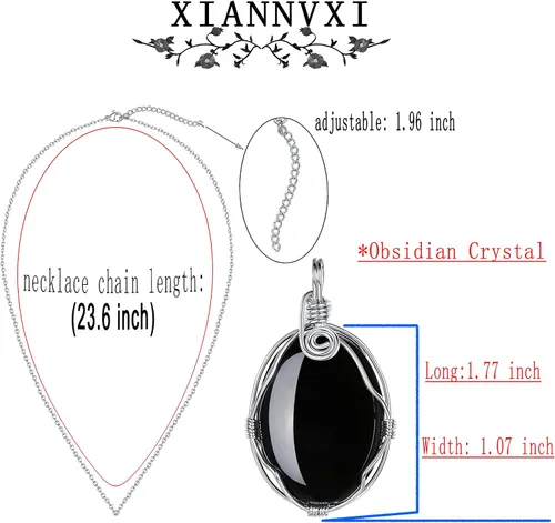 Vista 5 de XIANNVXI Collar de cristal curativo envuelto en alambre, collar con colgante de piedra ovalada, collar con dije de piedra preciosa natural