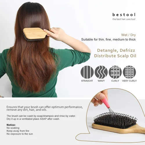 Vista 4 de BESTOOL Cepillo de pelo de jabalí y cerdas de nailon para todos (mujeres, hombres, niños) para cabello húmedo y seco, masaje desenredante, mejora