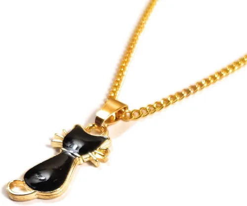 Vista 2 de Lindo collar con colgante de gato negro esmaltado, cadena chapada en oro, 18 pulgadas, gatito felino para amantes de los gatos, caja de regalo
