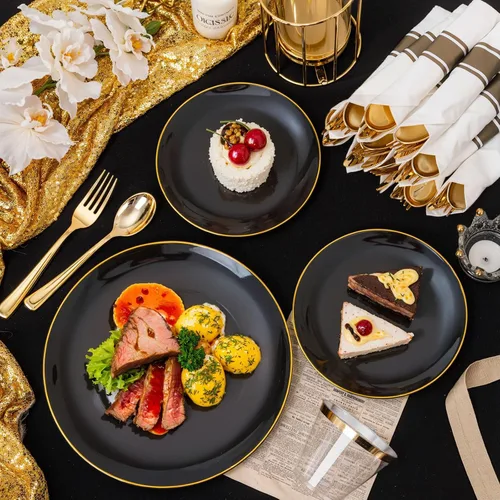Vista 9 de KIRE 60 platos de plástico negro, platos desechables negros con borde dorado para fiesta de Halloween/graduación, incluye 30 unidades de 10.25