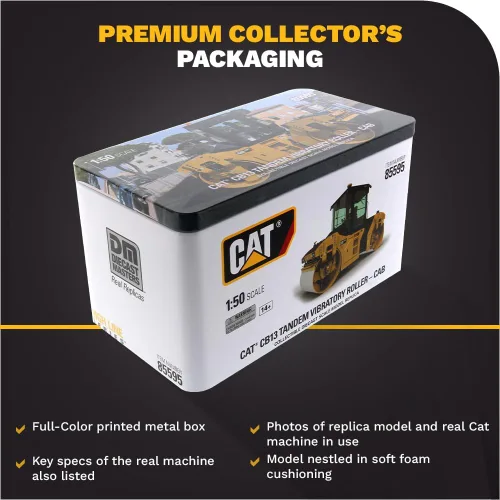 Vista 6 de Diecast Masters Compactador vibratorio Caterpillar CB-13 a escala 1:50 con cabina cerrada Camiones Cat Series High Line y equipos de construcción