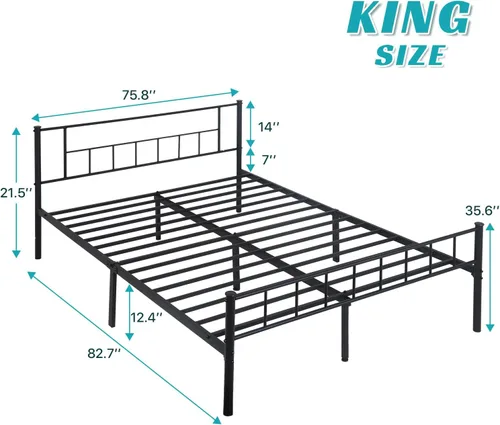 Vista 2 de Dkelincs Base de cama tamaño King con cabecero y tabla de pie, marco de cama de plataforma de metal de acero resistente, almacenamiento reservado