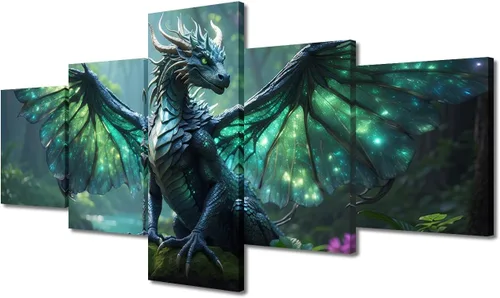 Vista 51 de Lienzo decorativo para pared de sala de estar, lienzo de dragón, 5 paneles, dragón verde, decoración de pared para el hogar, decoración de pared