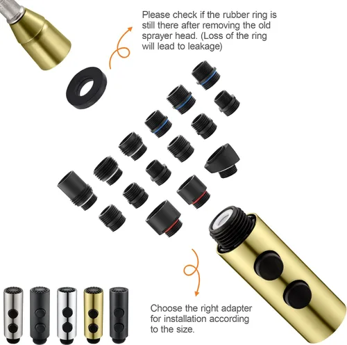 Vista 4 de TIORIY Cabezal de repuesto de metal para grifo de cocina, cabezal rociador desplegable con 15 adaptadores para grifo de cocina, boquilla rociadora