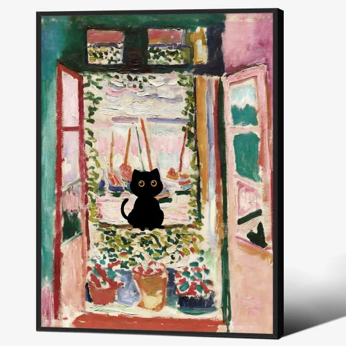 Vista 32 de CAXIYSH Arte de pared de gato negro Monet, póster de lirios acuáticos, vintage, divertido, floral, gato, lienzo, pinturas famosas, impresiones