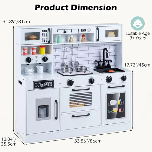 Vista 5 de INFANS Juego de cocina para niños, cocina de madera con sonido ligero realista, juguete de cocina para niños y niñas mayores de 3 años (blanco)