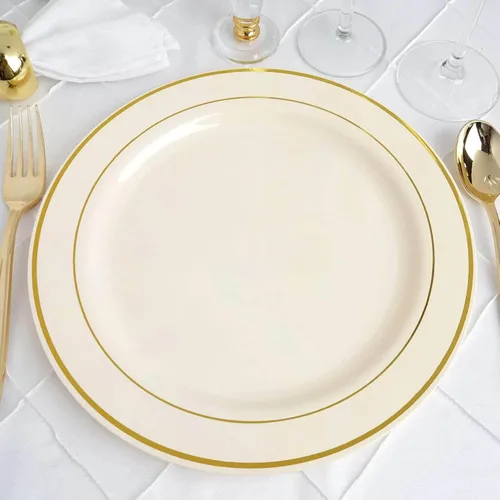 Vista 11 de Efavormart - Paquete de 50 platos redondos de postre de plástico Très Chic de 6 pulgadas con borde dorado