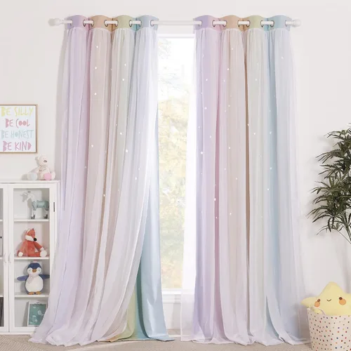 Vista 12 de NICETOWN Cortinas para dormitorio de niñas, cortinas de arco iris, cortinas de estrellas, cortinas de princesa, decoración de habitación