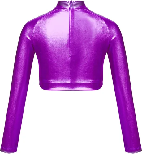Vista 2 de Lorilida Camiseta corta de manga larga metálica para niñas y niñas, cuello alto, con brillantina, leotardo de ballet para gimnasia, rendimiento