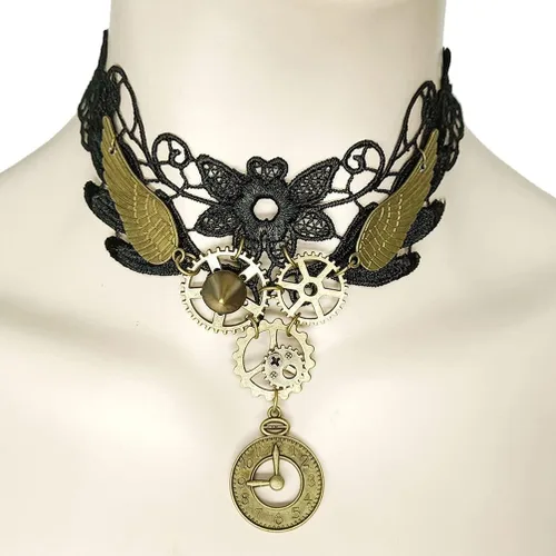 Vista 6 de Generic Gargantilla de encaje gótico, aretes vintage, collar steampunk, gargantilla de engranaje, accesorios de disfraz para mujeres y niñas, 3