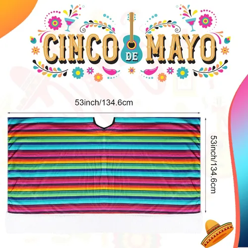 Vista 7 de Poncho de serape para fiesta mexicana del Cinco de Mayo, accesorio colorido para disfraz, divertido y festivo, poncho mexicano para hombre, disfraz