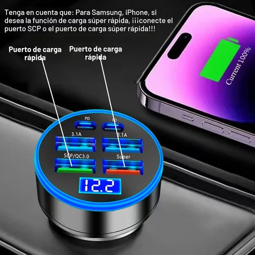 Vista 2 de Adaptador De Carga Súper Rápida USB C Para Coche Y Teléfono 6 En 1 Con Pantalla De Voltaje 250W Carga USB De Encendedor De Cigarrillos De Múltiples