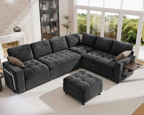 Vista 2 de Vipbear Sofá cama modular en forma de L de 7 asientos con otomana/cama extraíble/respaldo reclinable/puertos USB/mesa/luz LED/asiento de Negro