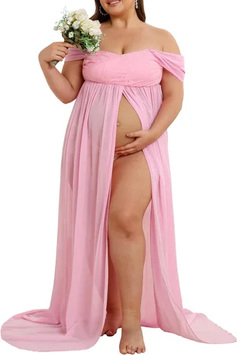 Vista 3 de Vestido de maternidad para sesión de fotos con hombros descubiertos, vestido de gasa con abertura frontal, maxi vestidos de embarazo para fotografía
