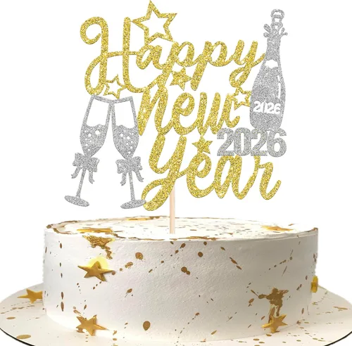 Vista 20 de 1 paquete de decoración para tartas con purpurina de fuegos artificiales para 2026 Año Nuevo 2026, decoración para pasteles de bienvenida 2026