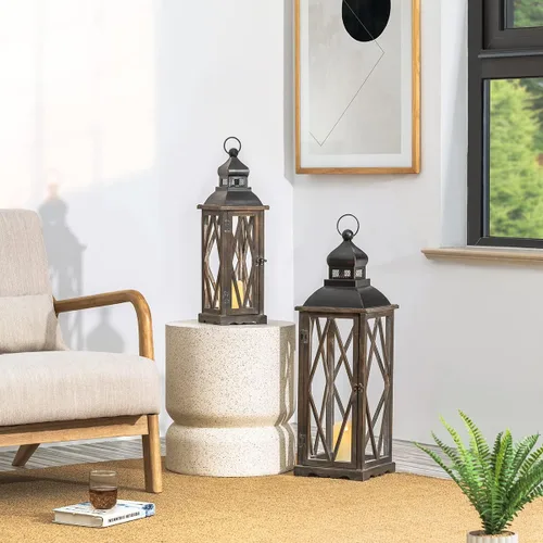 Vista 6 de Glitzhome Juego de 2 faroles decorativos de madera y metal para colgar en el patio, color negro (sin vidrio)