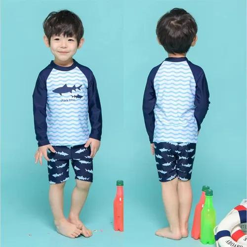 Vista 5 de AMIYAN Conjunto de natación para niños pequeños, de dos piezas, traje de baño de manga larga, UPF 50+, camiseta de natación y traje de baño
