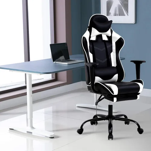 Vista 2 de HCY Silla ergonómica de respaldo alto, estilo carreras, con reposapiés, reposacabezas y soporte lumbar, altura ajustable, silla de oficina de piel