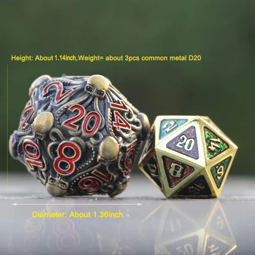 Vista 2 de Dados de metal D20 con diseño intrincado de pulpo, acabado antiguo y números rojos para Call of Cthulhu, RPGs-DNDWoW BZQR