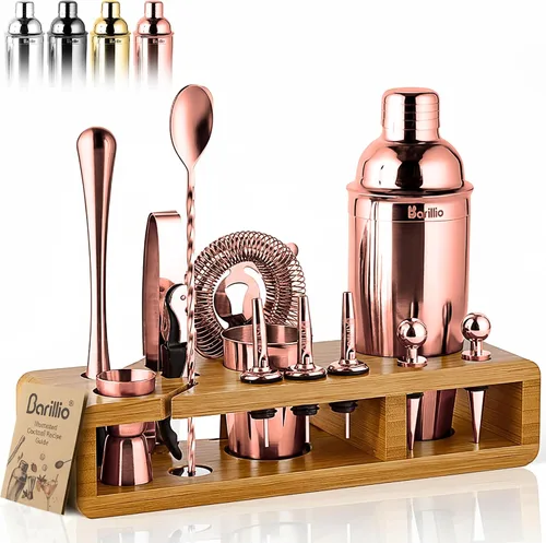 Vista 12 de Barillio Black Bartender Kit – Juego de coctelera de acero inoxidable con soporte de bambú – Herramientas de barra de mixología con coctelera