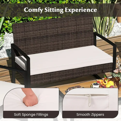 Vista 6 de Tangkula Juego de muebles de patio de 4 piezas, juego de conversación de ratán para exteriores con sillas acolchadas y mesa de centro de plástico