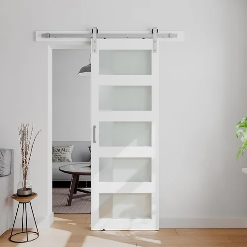 Vista 15 de Puerta corrediza de granero de vidrio de 5 paneles de 32 pulgadas x 84 pulgadas con kit de herrajes de 4 pies Blanco