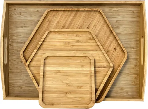 Vista 8 de Bandejas de bambú con tablas de cortar 16.5"x11.8" (42x30cm con asa, el set incluye platos de 0.63" (1.6cm) de grosor 1xHexágono 12.5" (32cm) +