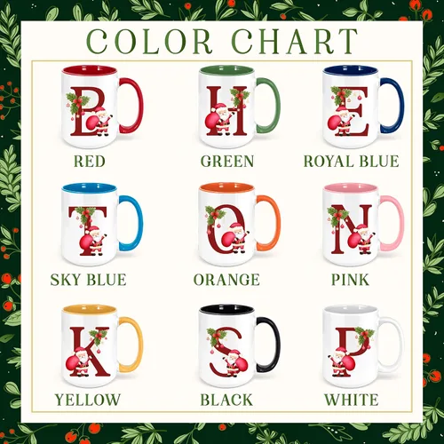 Vista 4 de Taza de café con inicial de Navidad con tema de Papá Noel, 11 o 15 onzas, 9 colores opcionales, tazas personalizadas para niños, niños y niñas, taza