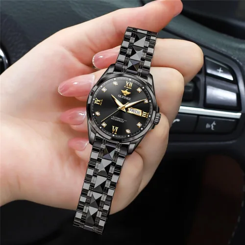 Vista 3 de OLEVS Reloj automático para mujer, color azul, dos tonos, fecha, reloj mecánico, calendario, reloj de pulsera impermeable con diamantes