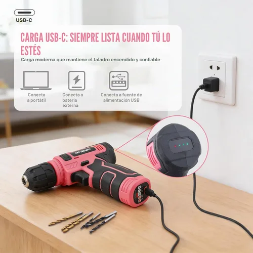 Vista 5 de Hi-Spec Juego de taladro inalámbrico de 8 V y kit de herramientas de Rosa