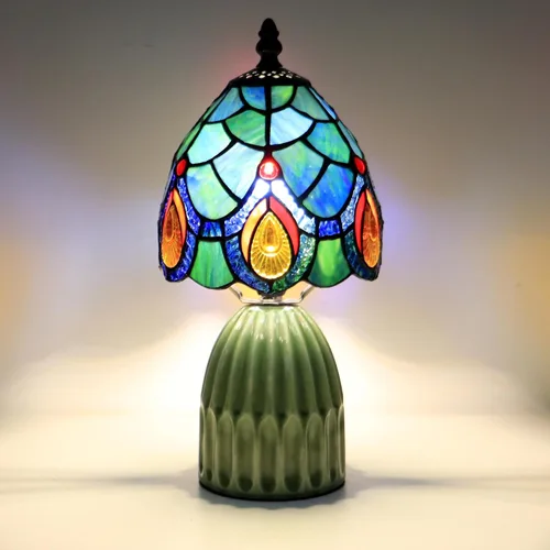 Vista 7 de Tiffany Stained Glass Mushroom Table Lamp 12.5 Inch -Blue Peacock Tiffany Lamp,6X6X12.5 Inch,Small Night Light,Ceramic Base, Mini Accent Light