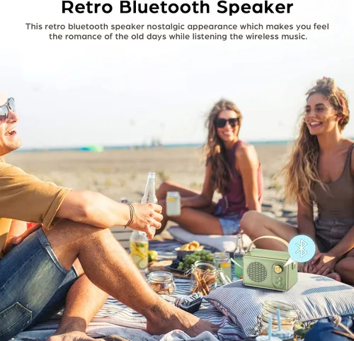 Vista 2 de Altavoz Bluetooth retro, JS-6414, Altavoz Bluetooth inalámbrico portátil vintage 5.0 con tarjeta TF U disco AUX, verde
