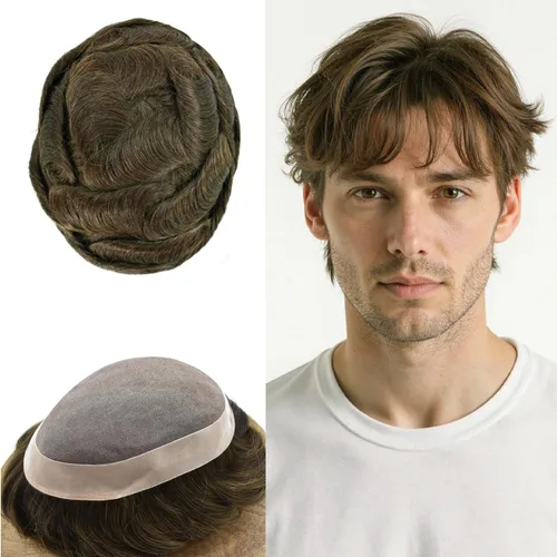 Vista 66 de Fine Mono Men Hair System Mens Toupee Real Human Hair Pieces For Men's Toupee Hair System For Men Hair Piece Natural Hairline 6X8 densidad de luz