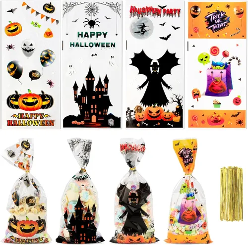 Vista 9 de Bolsas de celofán de Halloween, 40 piezas de plástico para Halloween, dulces, galletas, aperitivos, bolsa de sellado de regalo, bolsa a granel