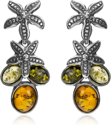 Vista 4 de Pendientes de plata de ley con colgante ovalado, color ámbar multicolor