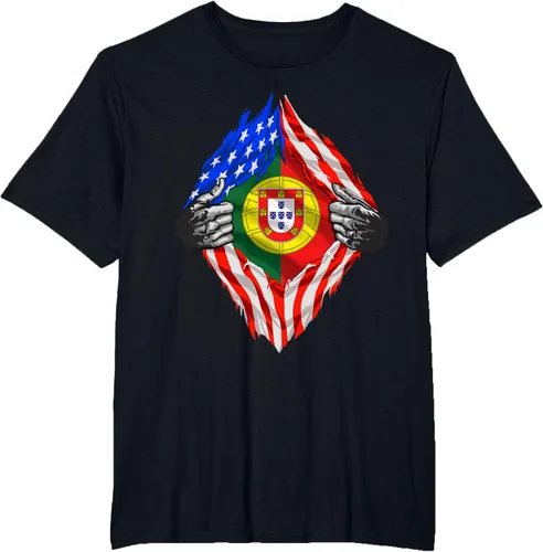 Vista 37 de Camiseta de bandera de Estados Unidos con diseño de raíces portuguesas, Negro, S