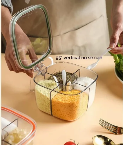 Vista 6 de Caja de condimentos transparente, 4 compartimentos sellados con tapa, tarros de condimentos con tapa y cucharas de servir, tarros de condimentos
