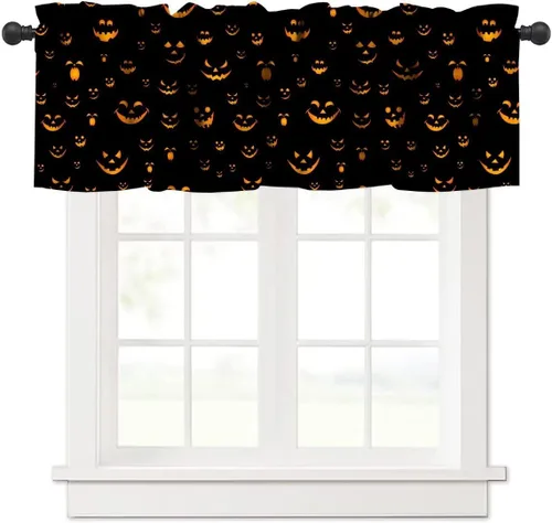 Vista 18 de Cortina de cenefa para fiesta de Halloween, diseño de dibujos animados, lindo fantasma, castillo sombrío, calabaza, murciélago, bolsillo para barra