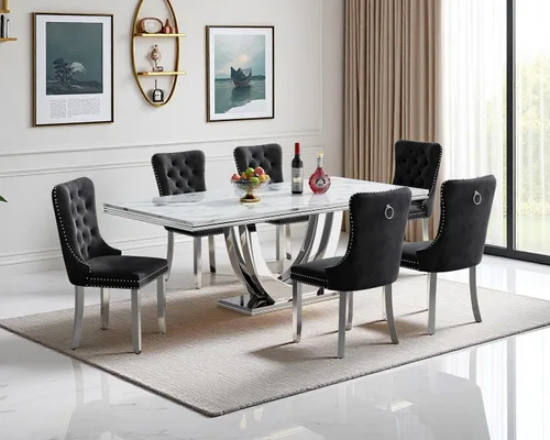 Vista 10 de SSLine Juego de mesa de comedor de mármol sintético blanco de 68 pulgadas