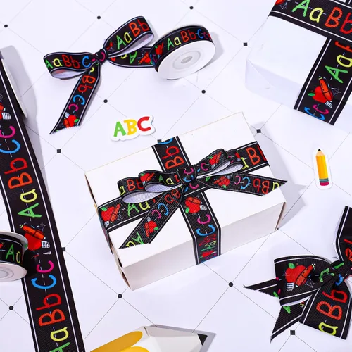 Vista 4 de JarThenaAMCS 3 rollos de cinta de grogrén Vuelta al Colegio, cinta de grogrén con temática escolar, cinta de grogrén con estampado ABC, cinta