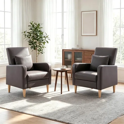 Vista 7 de COLAMY Silla decorativa moderna Mid-Century tapizada de tela con almohada trasera y patas de madera maciza, cómodo sillón para sala de estar Beige