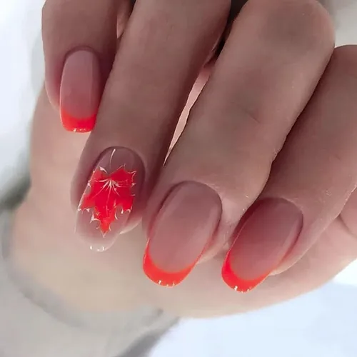 Vista 18 de Uñas postizas a presión de otoño, uñas postizas cortas cuadradas de MABKJLF con diseños de hojas de arce, pegamento brillante en uñas, uñas