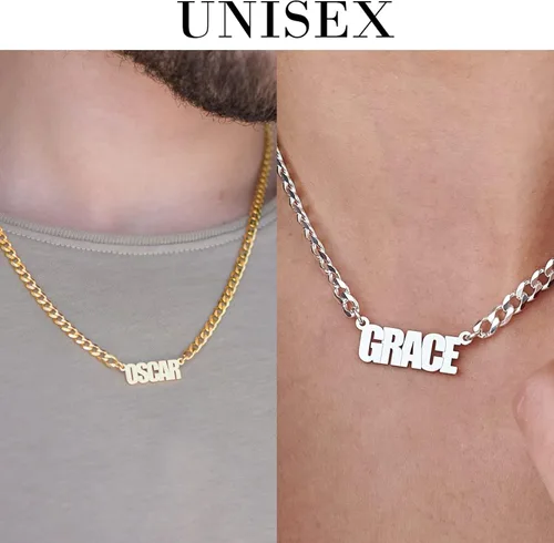 Vista 2 de MYKA - Collar unisex con nombre con cadena cubana gruesa gourmette, joyería personalizada, regalo para hombres y mujeres en plata de ley, chapado