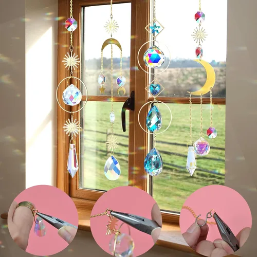 Vista 3 de Juego de 370 piezas de atrapasoles de cristal, lámparas de araña colgantes, piezas de prismas de arco iris, colgantes para colgar ventanas